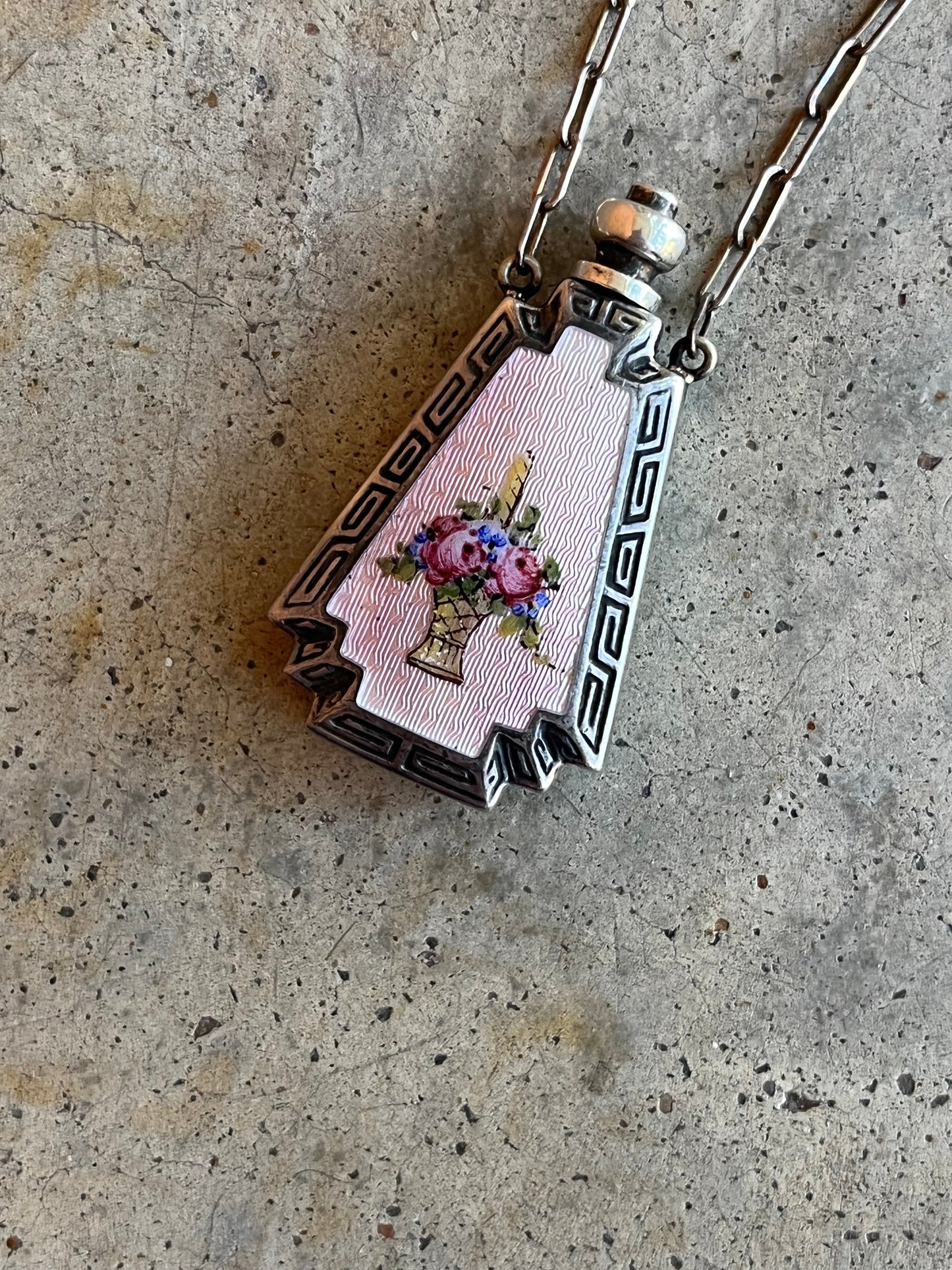 Art Deco Silver Guilloche Enamel Purple Perfume Bottle Necklace