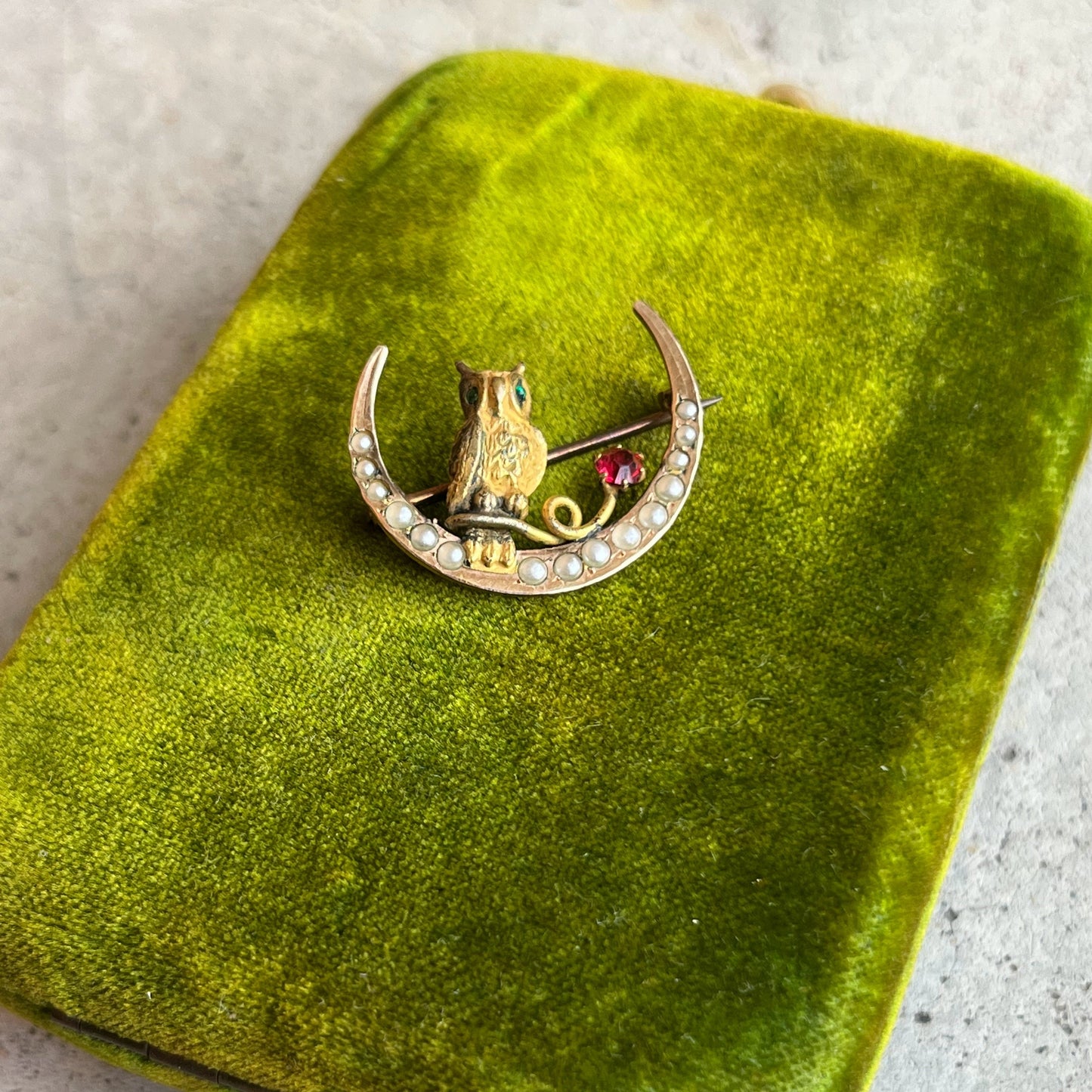 c. 1890s Crescent Moon Owl Brooch