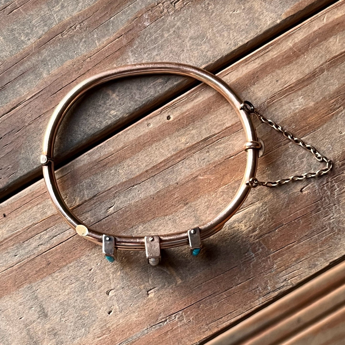 c. 1880s 14k Gold Turquoise Pearl Hinged Bangle Bracelet