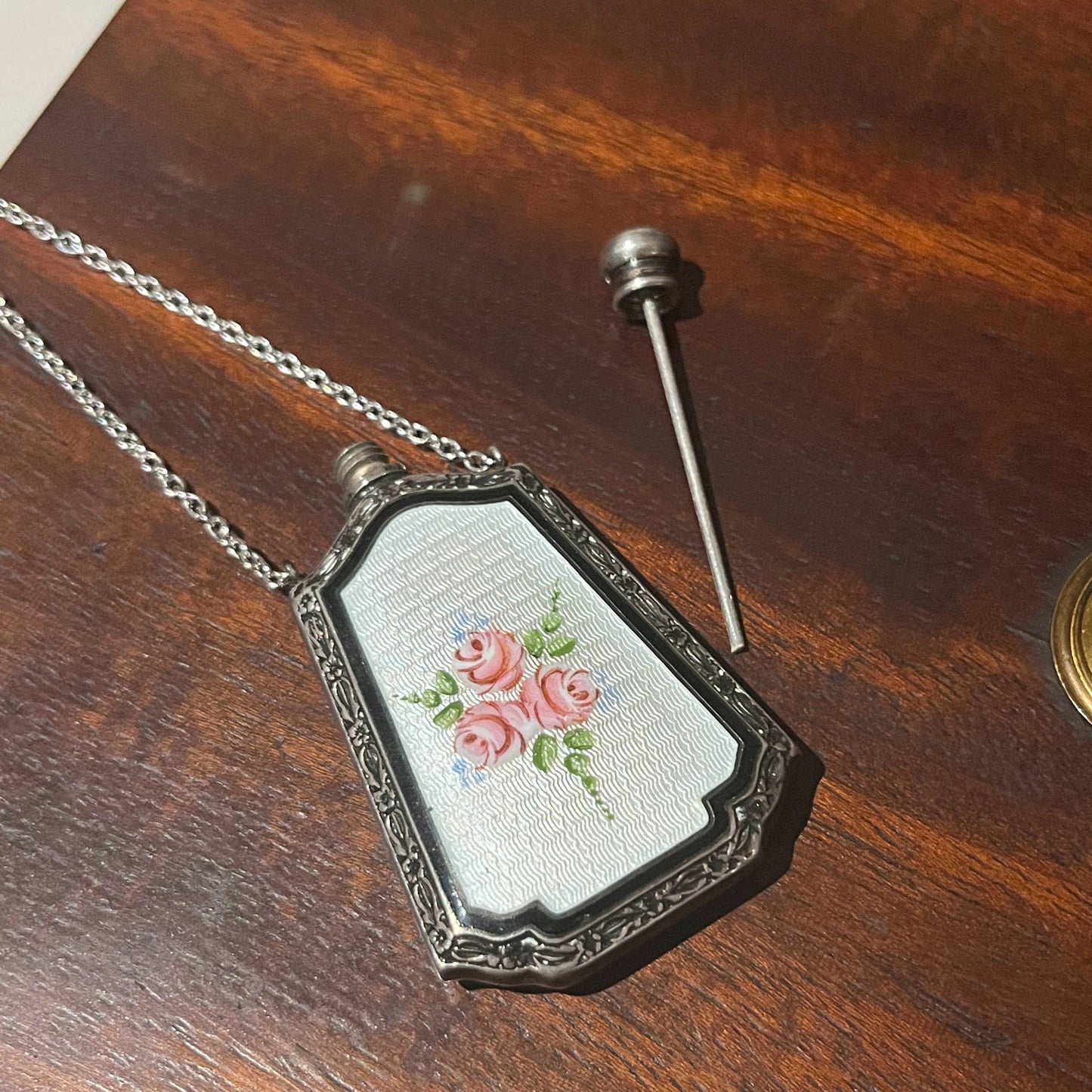 Art Deco Silver Guilloche Enamel Perfume Bottle Necklace