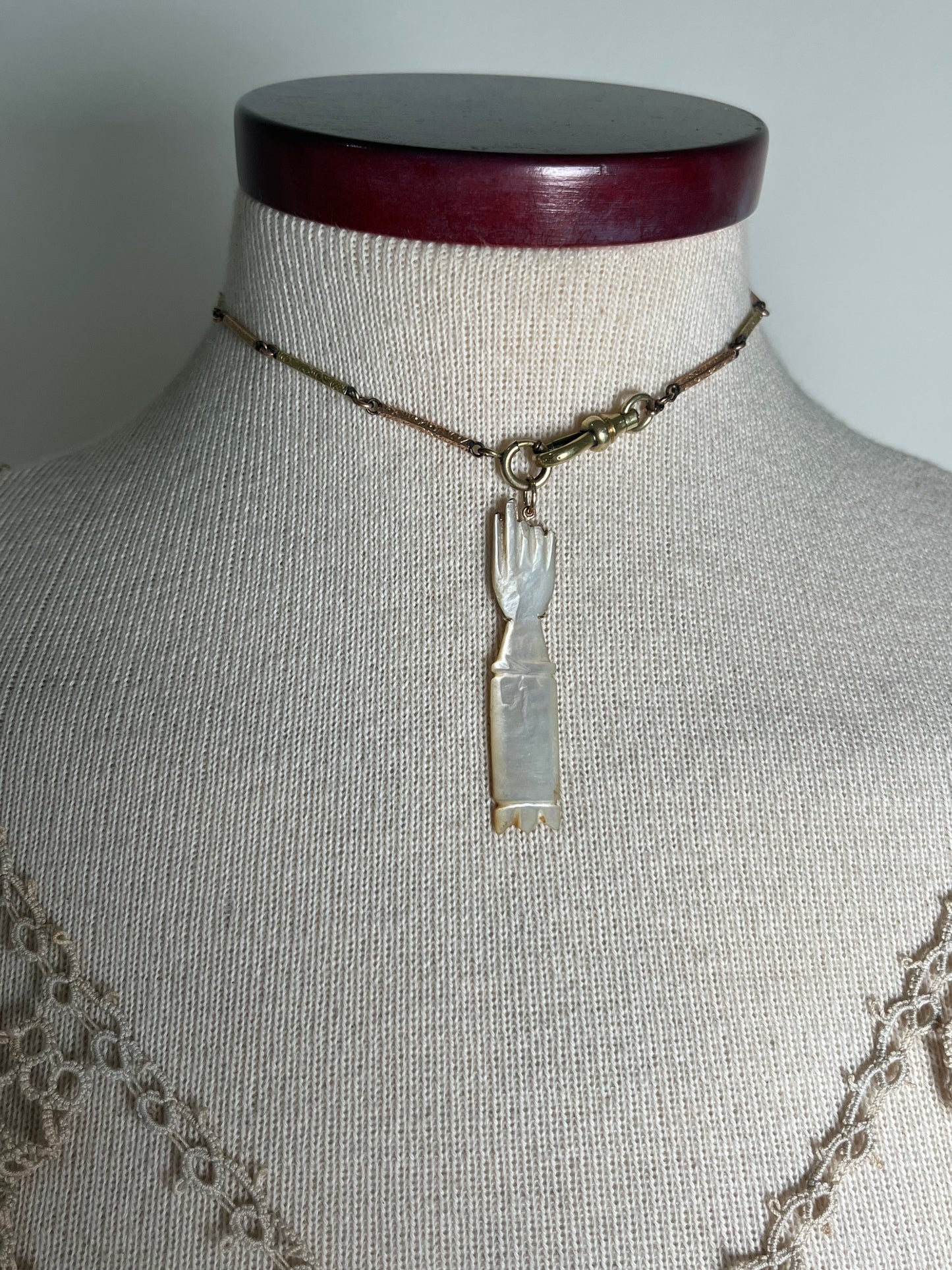 c. 1890s-1900s 14k Gold Mother of Pearl Hand Pendant
