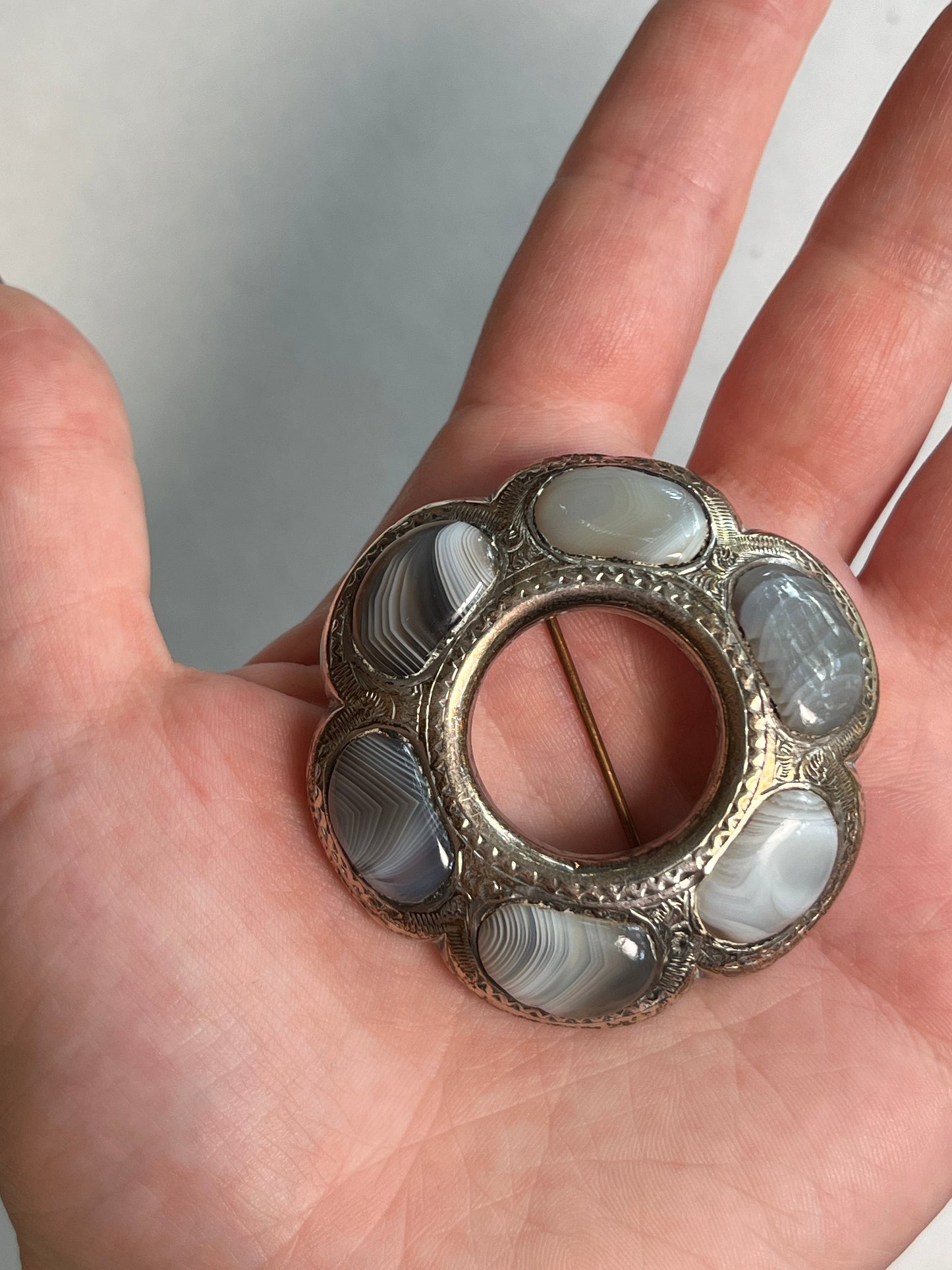 19th c. Sterling Silver Montrose Agate Brooch + Pendant