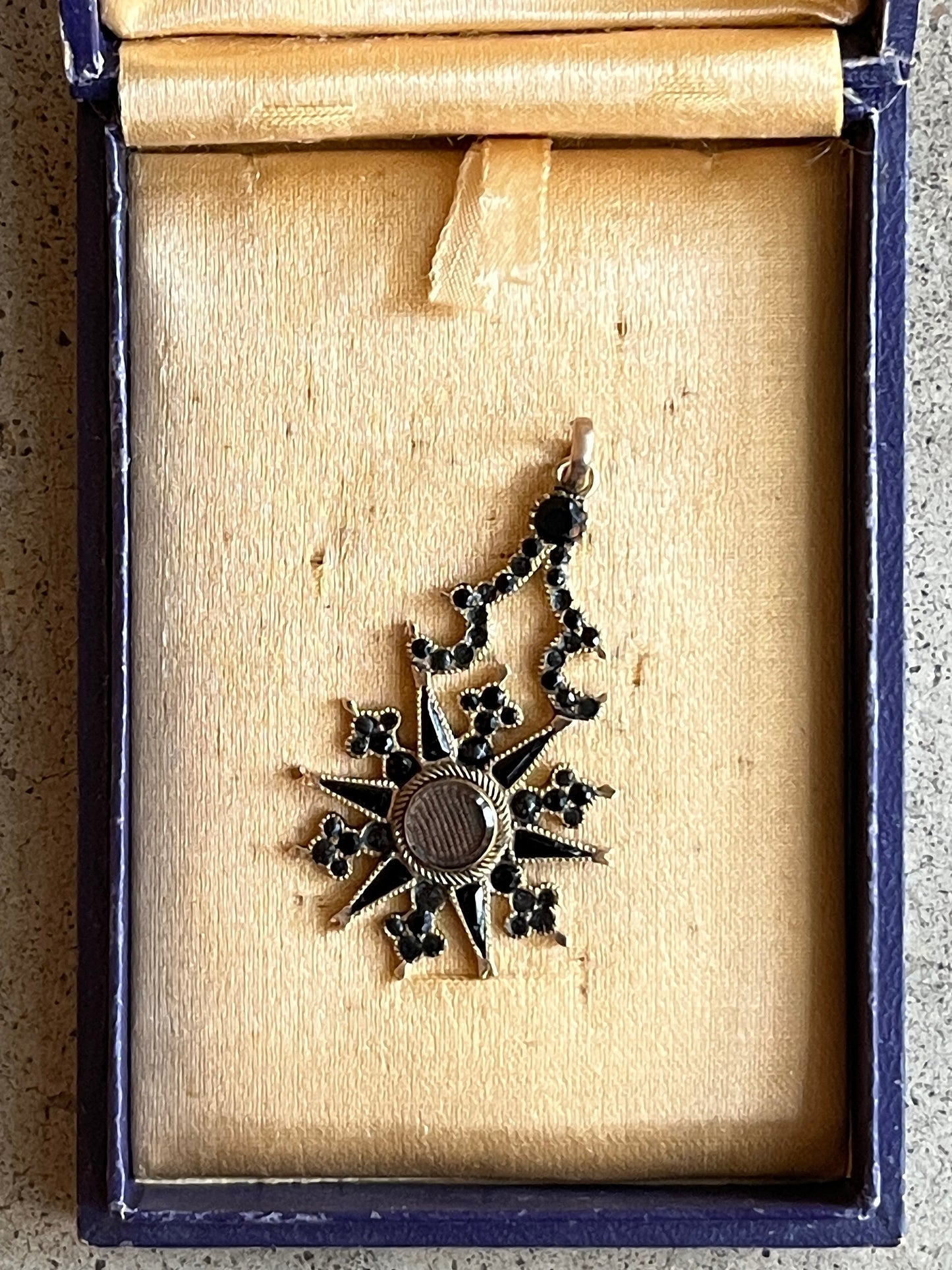 c. 1870s Crescent Moon Star 14k Gold + Onyx Hair Locket Pendant