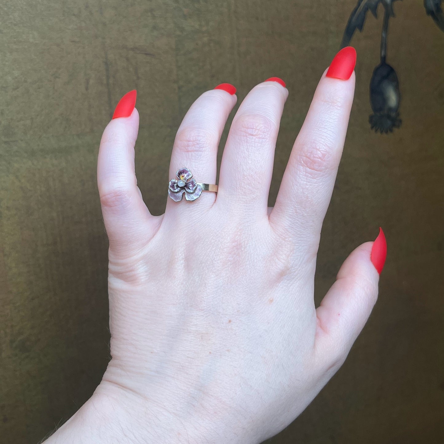 c. 1910s-1920s 10k Gold Enamel Pansy Conversion Ring