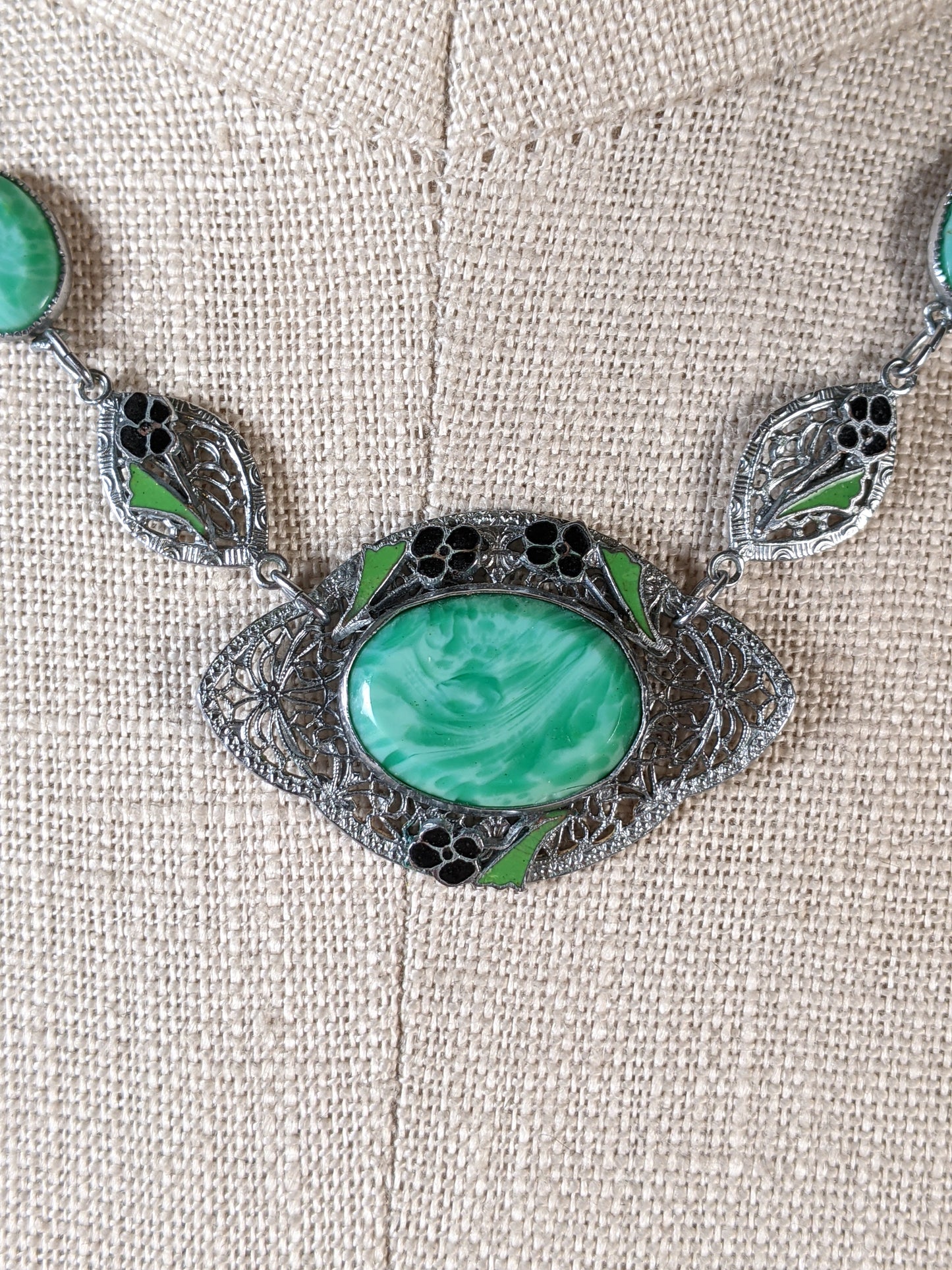 Art Deco Green Glass Rhodium Plated Necklace