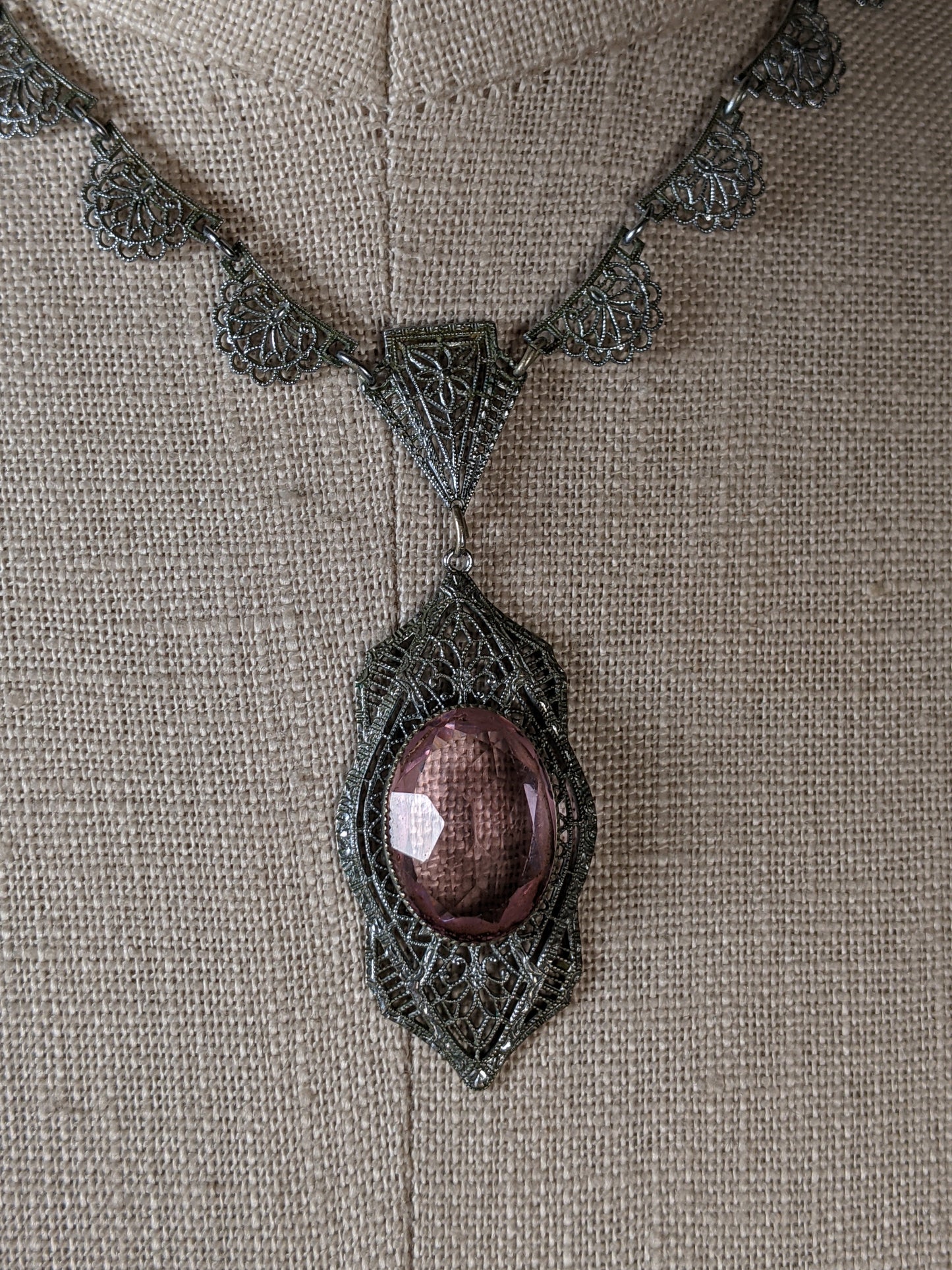 Art Deco Rhodium Plated Necklace Purple Glass Stone
