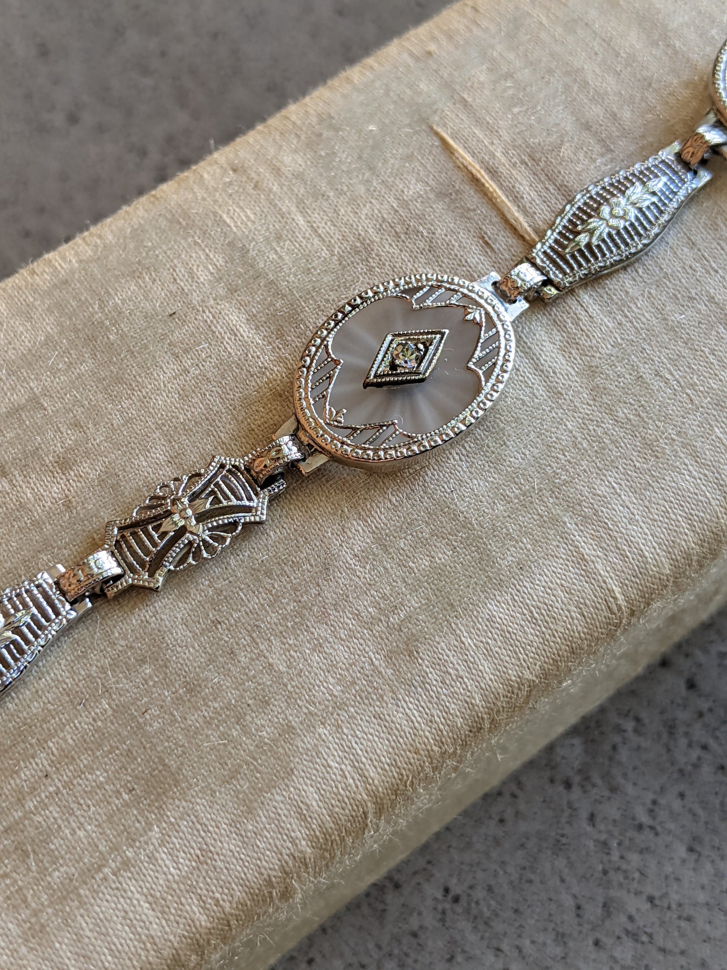 Art Deco White Gold Rock Crystal + Diamond Bracelet