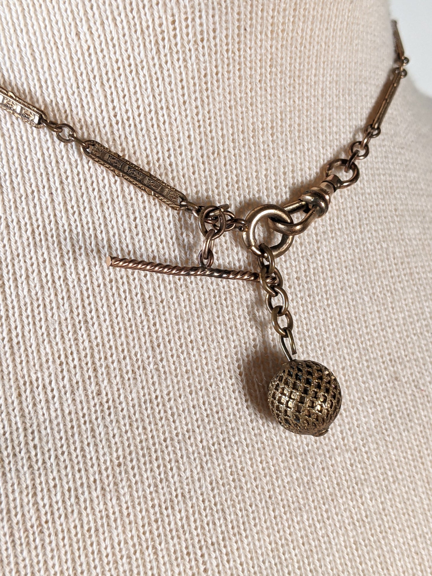 19th c. Gold Filled Watch Chain / Necklace + Ball Fob