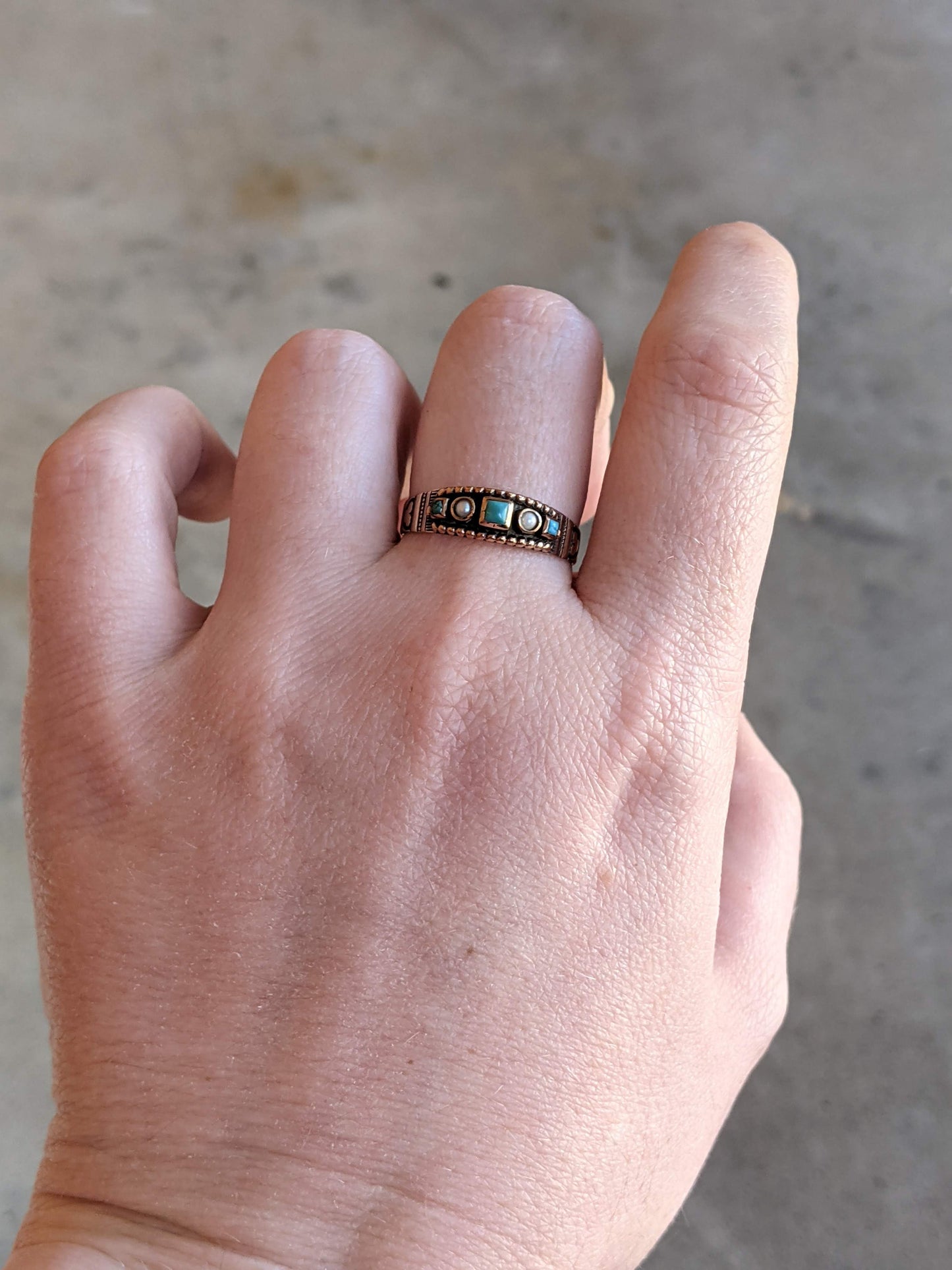 c. 1880s-1890s 14k Gold, Turquoise, Pearl Ring