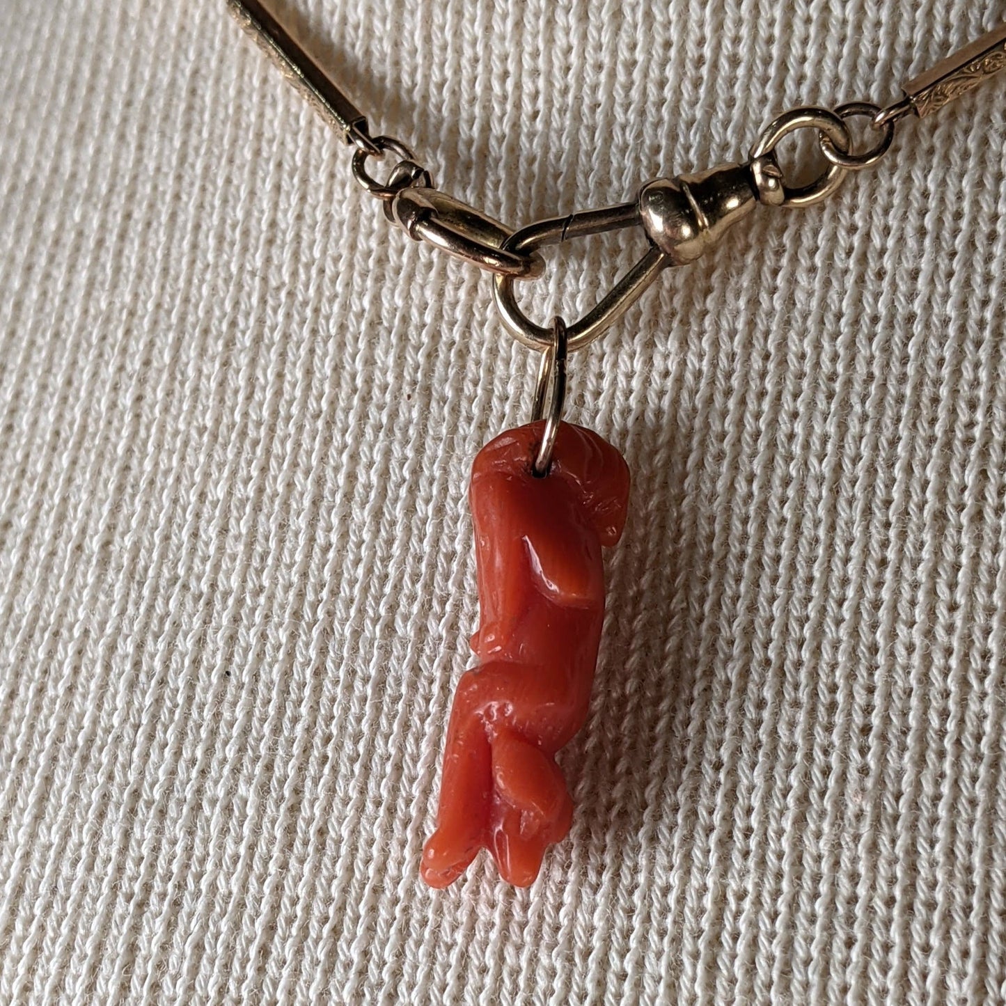 19th c. Carved Coral 14k Gold Dog Charm