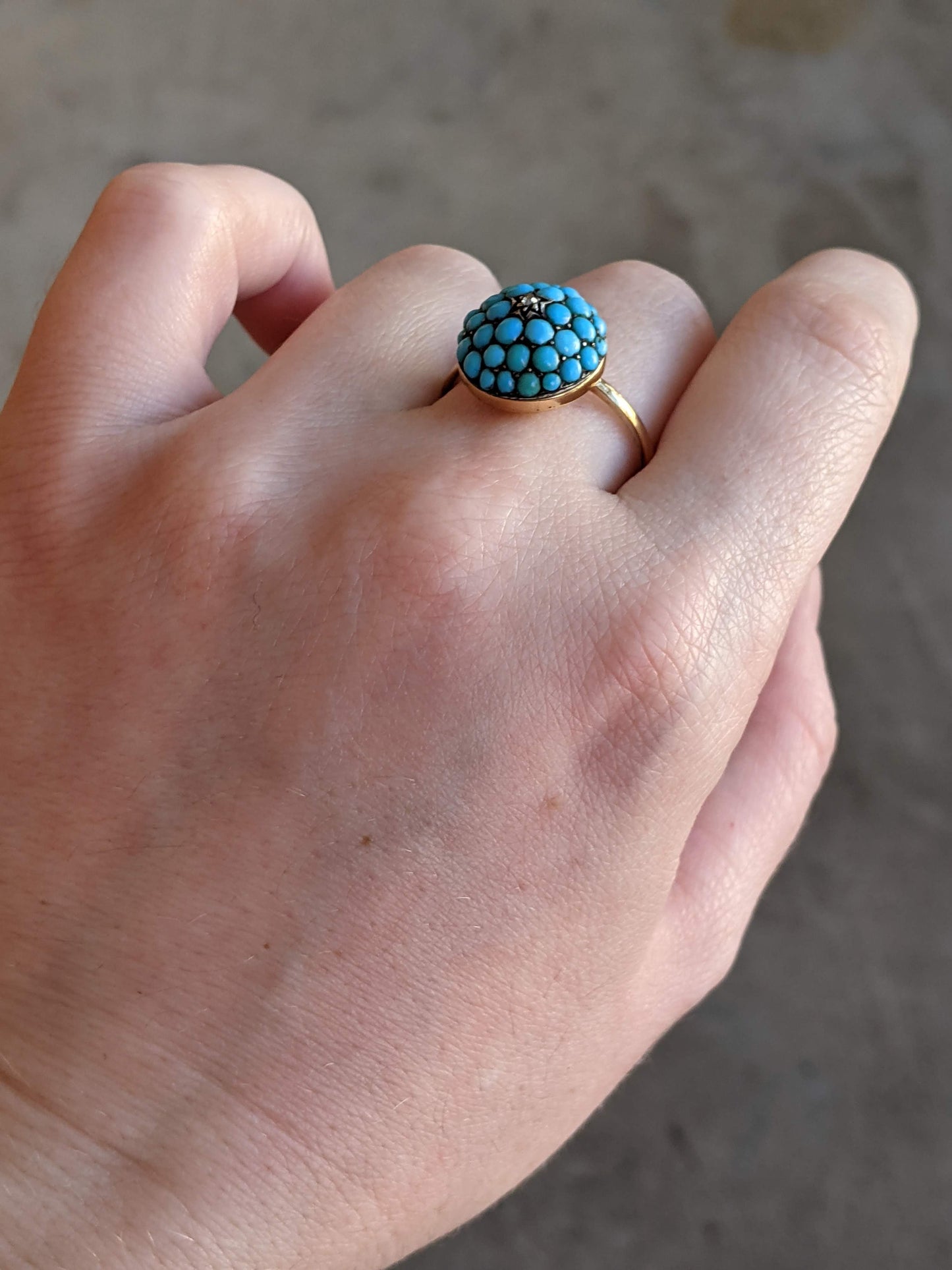 c. 1880s 15k Gold Turquoise + Diamond Bombe Ring
