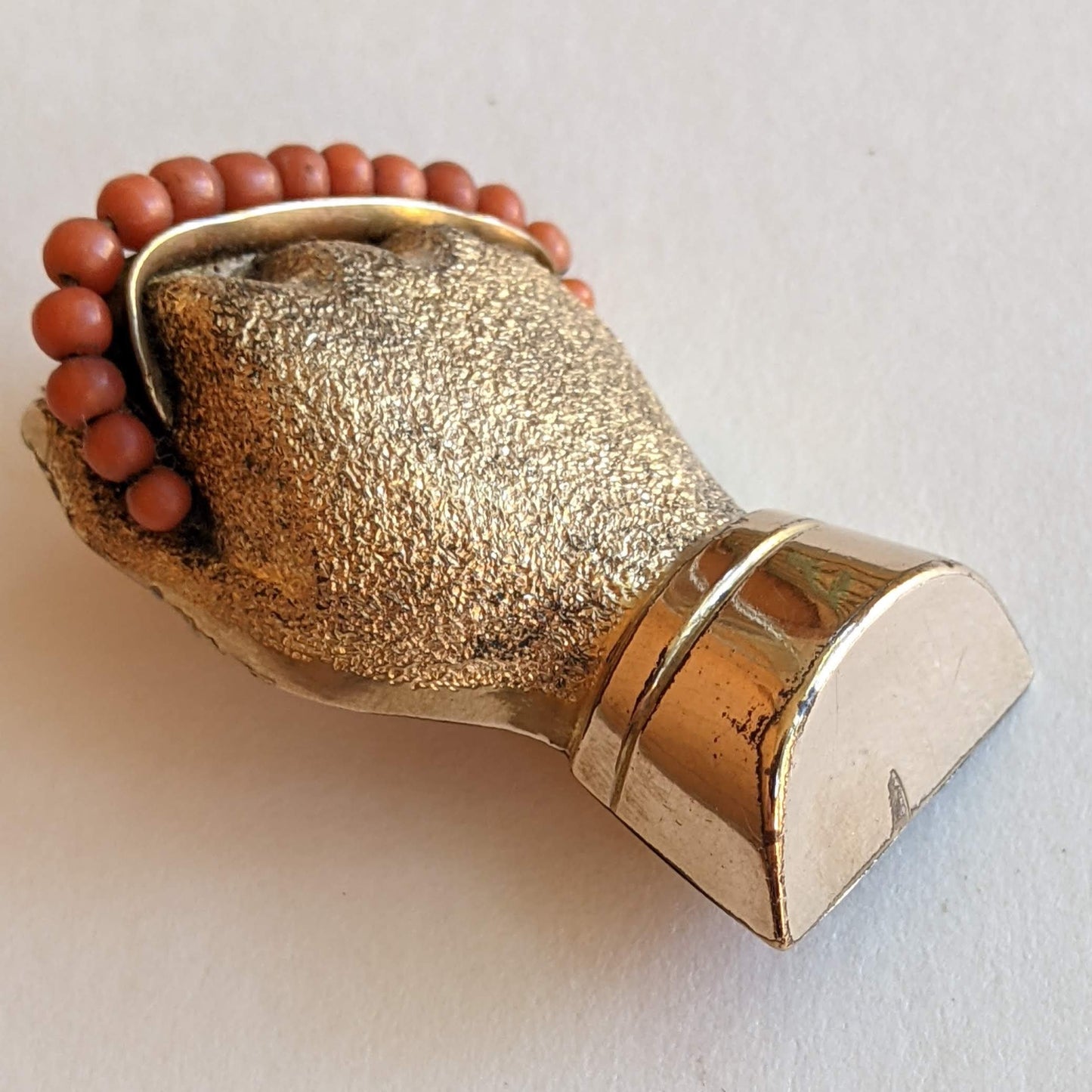 19th c. Gold Filled + Coral Bead Fist Brooch