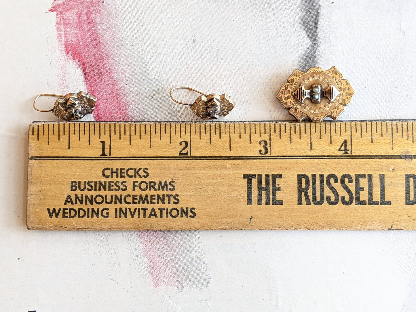 c. 1880s 9k Gold Demi Parure Earrings + Brooch