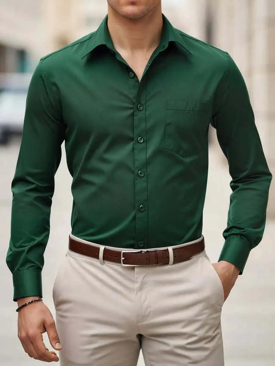Mens Long Sleeve Solid Slim Fit Dress Shirt Casual Business With PockeThe Plug