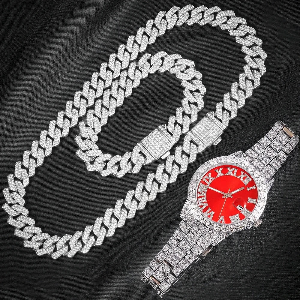 3pc Men's Hip Hop Cuban Chain Watch Set – Iced Out Rhinestone Necklace & Bracelet