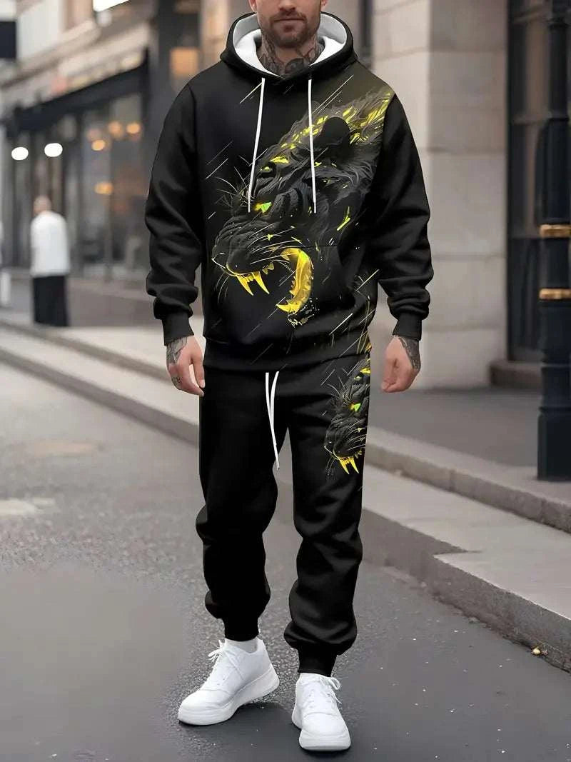 Trendy Men's 3D Animal Tiger Print Hoodies 2-Piece Set Fashion Men WomThe Plug