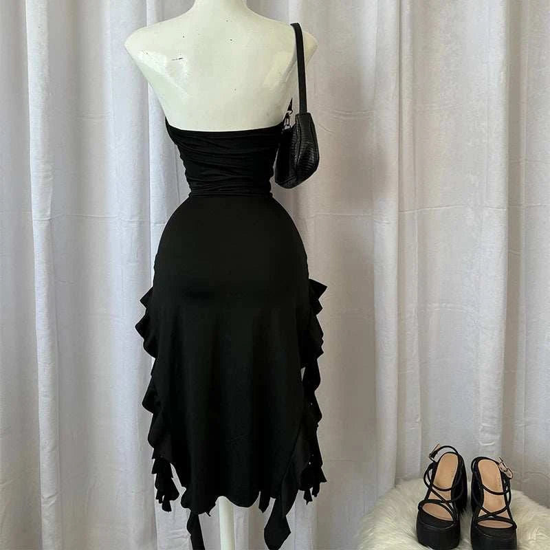 Women Strapless Sexy Floral Fold Hemline High Slit Mini Dress 2024 SolThe Plug