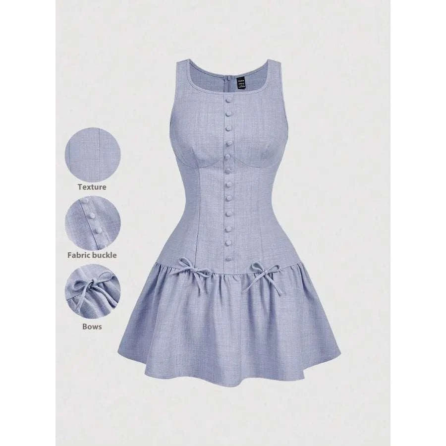 【New style】 MOD Button and Bow Decor Women Short Dress, Summer DressThe Plug