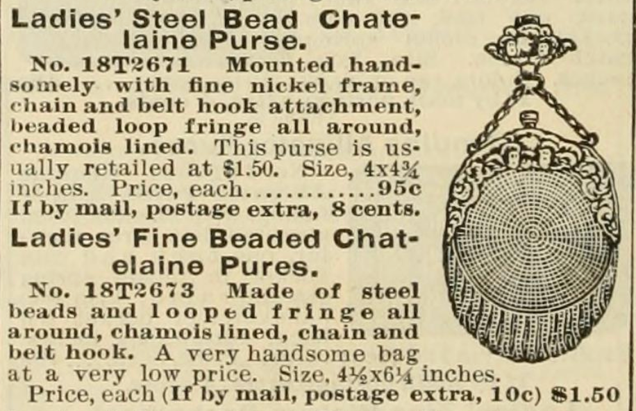 c. 1900 Cut Steel Beaded Snake Chatelaine Purse