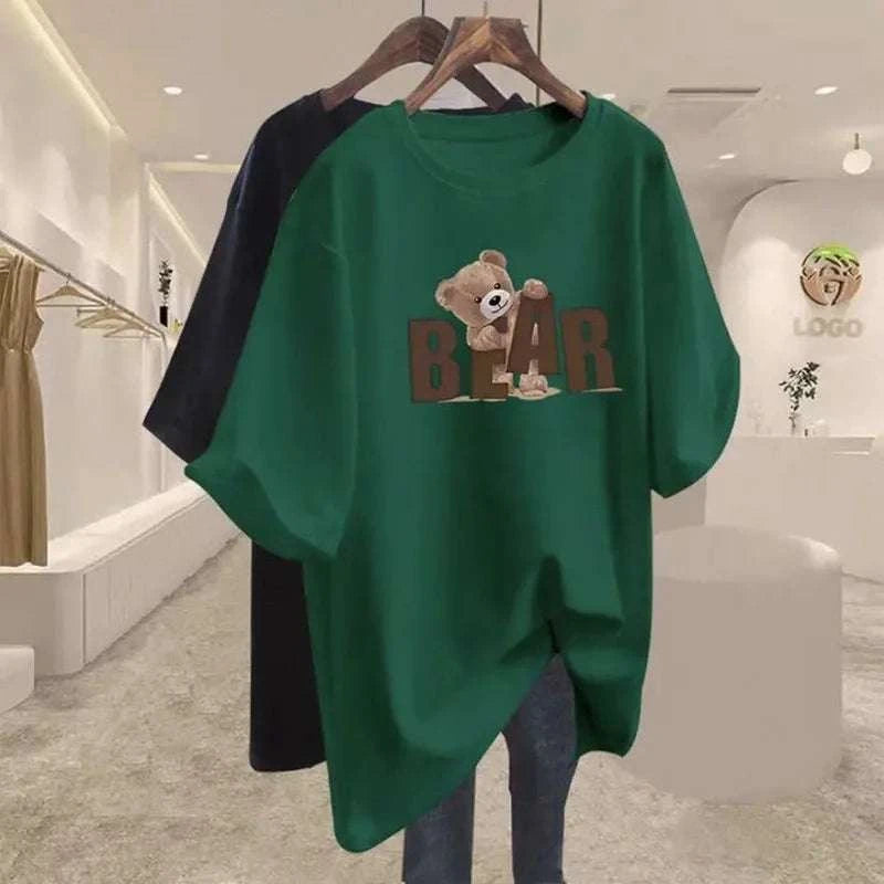 Summer Chic Letter Printing Bear T-shirt Women O-neck Short Sleeve CotThe Plug