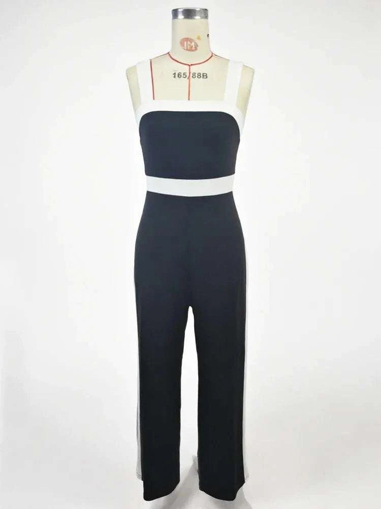 Women's Casual Black Jumpsuit White Contrast Trim Square Neck Great foThe Plug