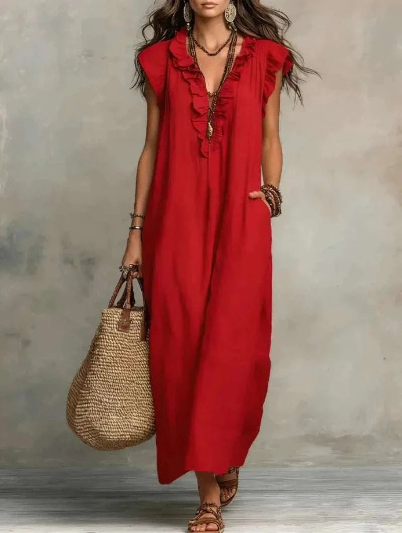 Women's Retro Bohemian Ruffle Linen Maxi Dress, Ruffle V-Neck SleeveleThe Plug