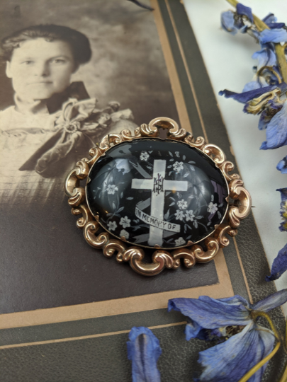 19th c. 9K Rose Gold Mourning Hair Brooch or Pendant