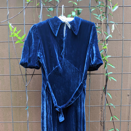 1930s Blue Velvet Bias Cut Gown | XS - S