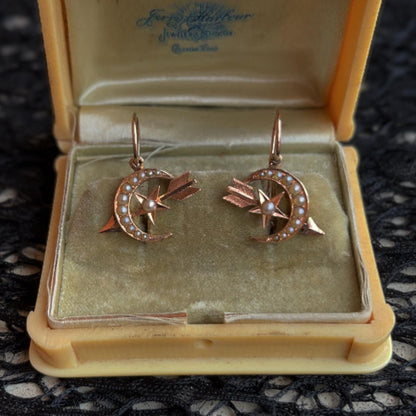 c. 1890s Gold Celestial Moon + Star Earrings