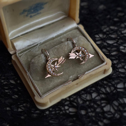 c. 1890s Gold Celestial Moon + Star Earrings