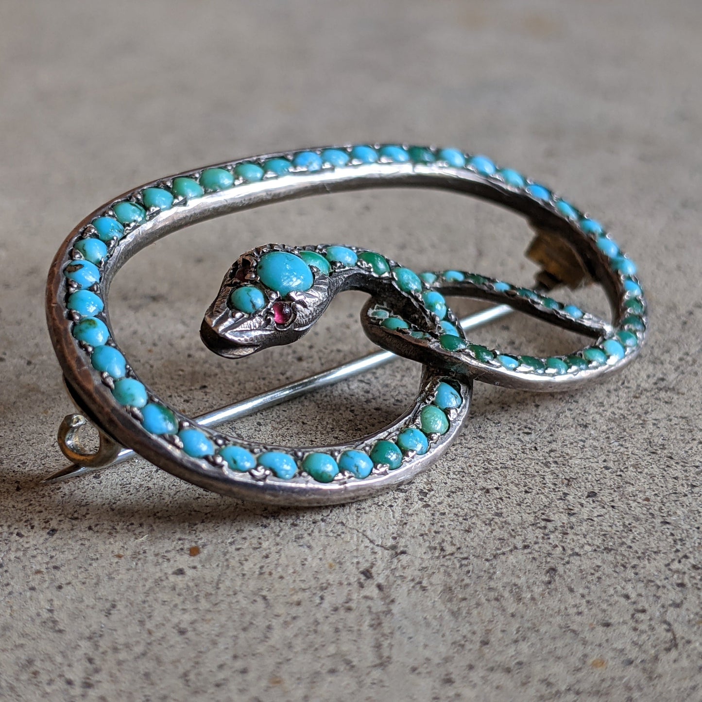 C. 1890s Silver Turquoise Snake Brooch