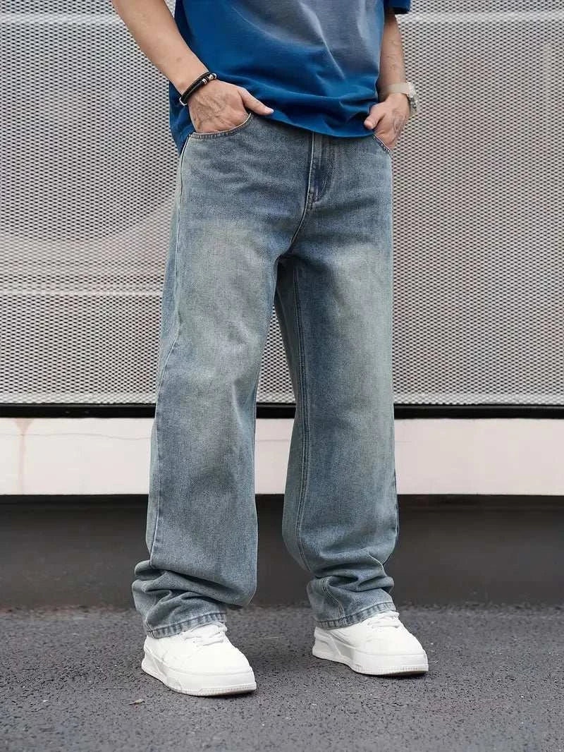 Men'S Casual Straight Wash Jeans - Light Blue, Loose Fit, Oblique PockThe Plug