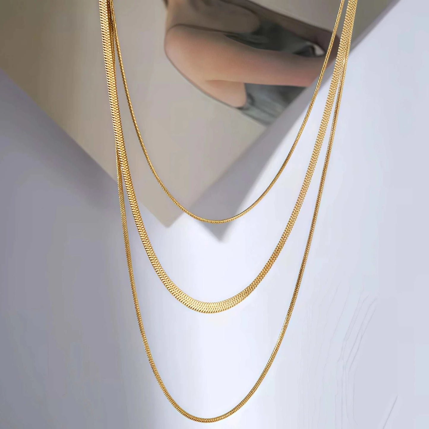 18K Gold Plated Stainless Steel Flat Snake Herringbone Layering NecklaThe Plug