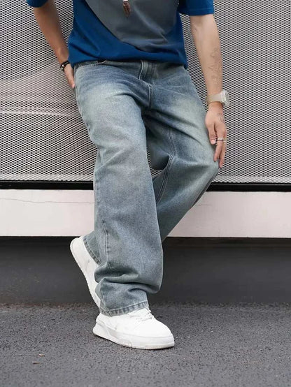 Men'S Casual Straight Wash Jeans - Light Blue, Loose Fit, Oblique PockThe Plug