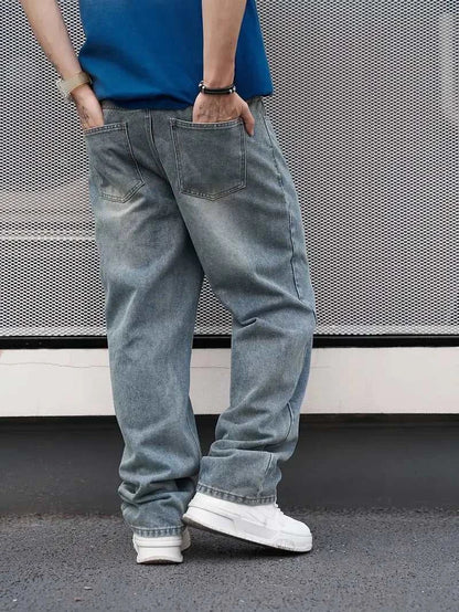 Men'S Casual Straight Wash Jeans - Light Blue, Loose Fit, Oblique PockThe Plug