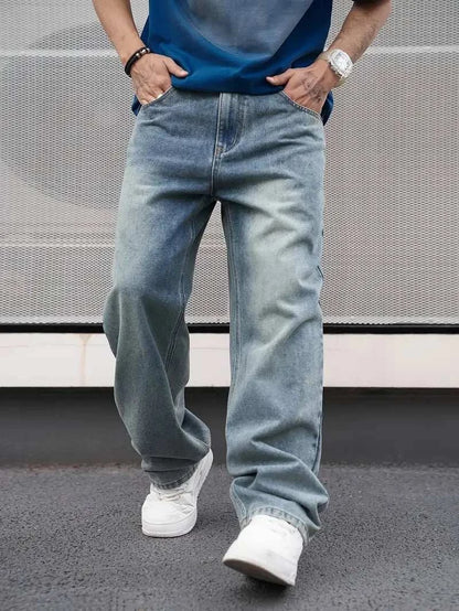Men's casual straight wash light blue jeans with loose fit and oblique pockets