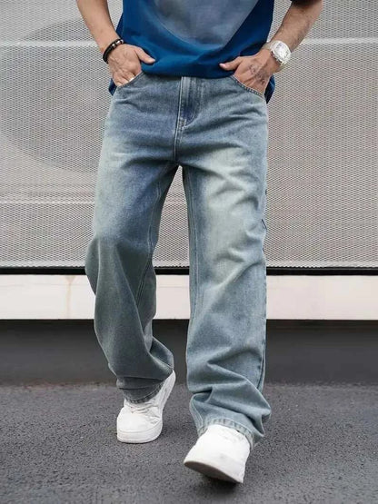 Men'S Casual Straight Wash Jeans - Light Blue, Loose Fit, Oblique PockThe Plug