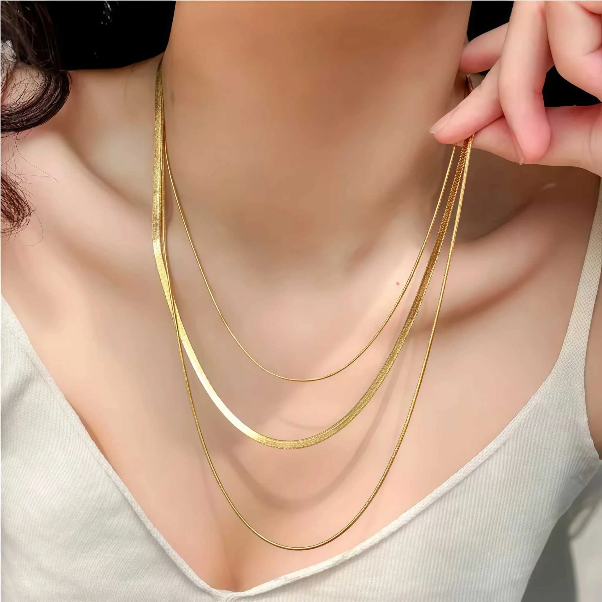 18K Gold Plated Stainless Steel Flat Snake Herringbone Layering NecklaThe Plug