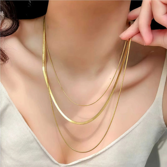 18K Gold Plated Stainless Steel Flat Snake Herringbone Layering NecklaThe Plug