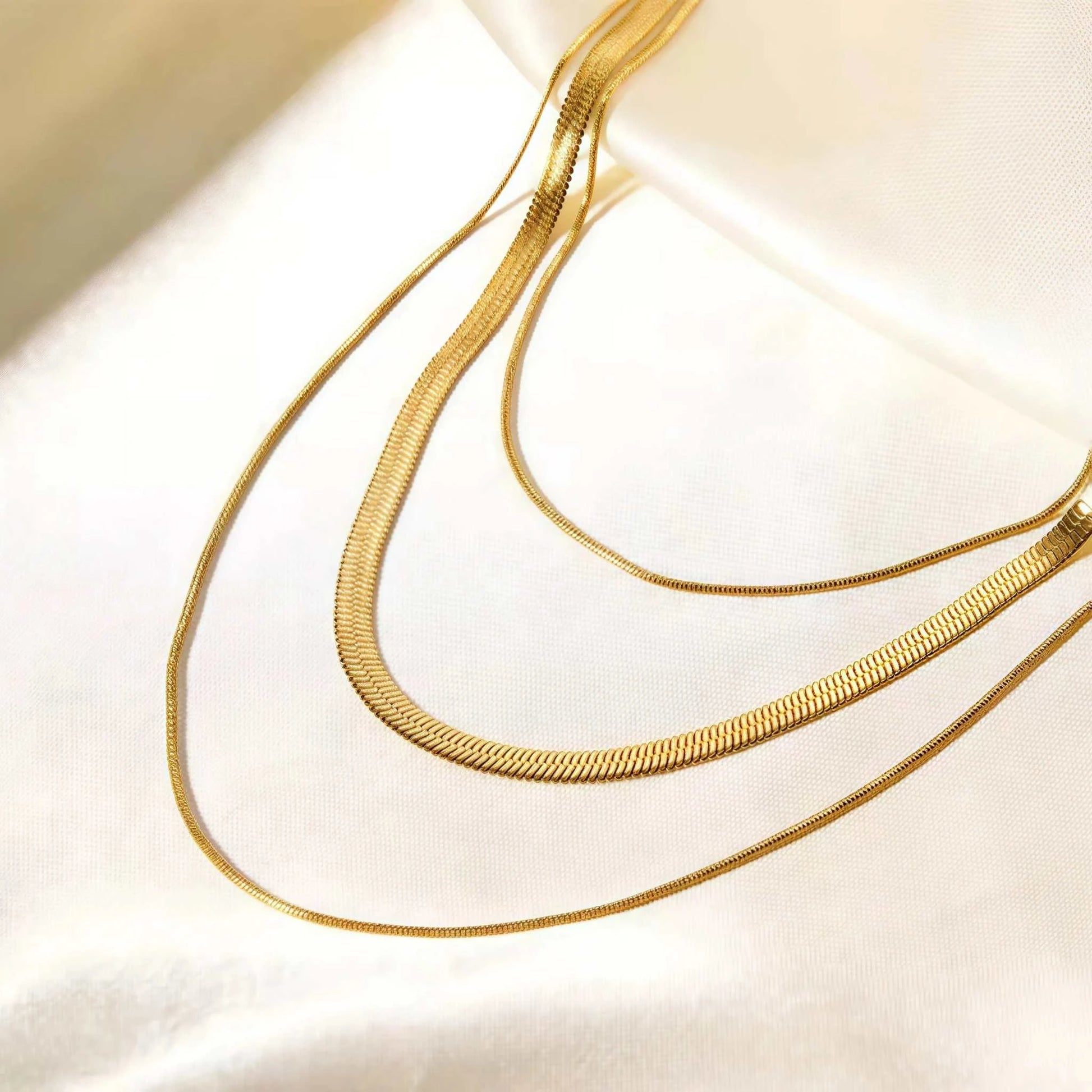 18K Gold Plated Stainless Steel Flat Snake Herringbone Layering NecklaThe Plug