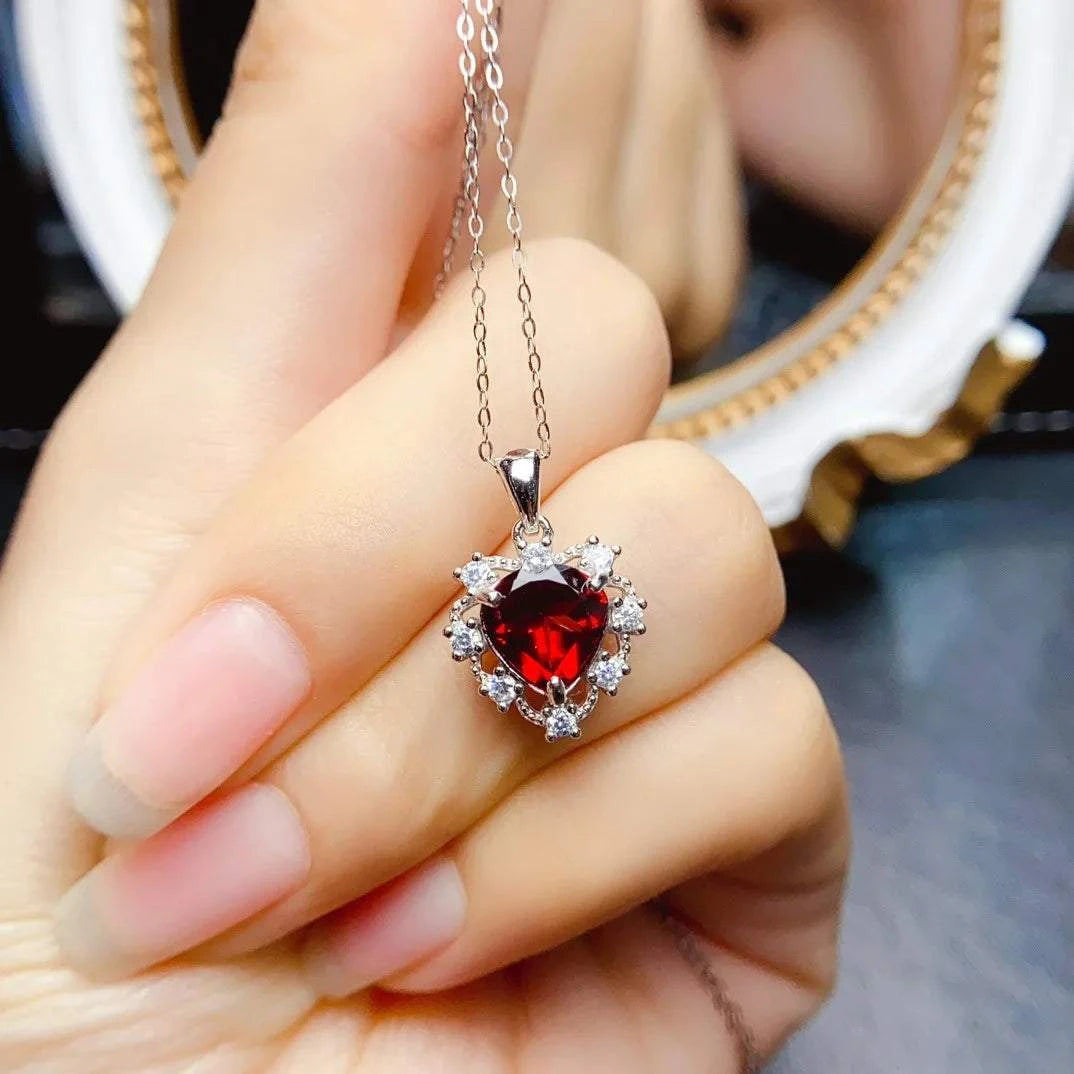 925  Silver Natural Garnet Heart-shaped Gemstone Ring Pendant EarringsThe Plug