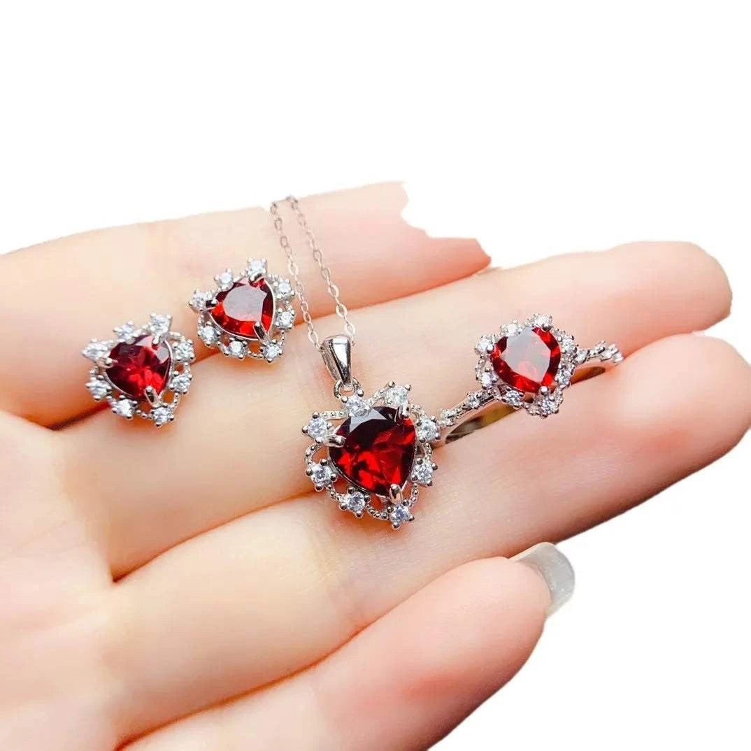 925  Silver Natural Garnet Heart-shaped Gemstone Ring Pendant EarringsThe Plug