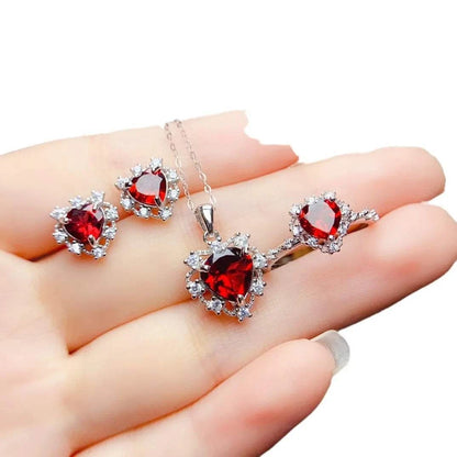 925  Silver Natural Garnet Heart-shaped Gemstone Ring Pendant EarringsThe Plug