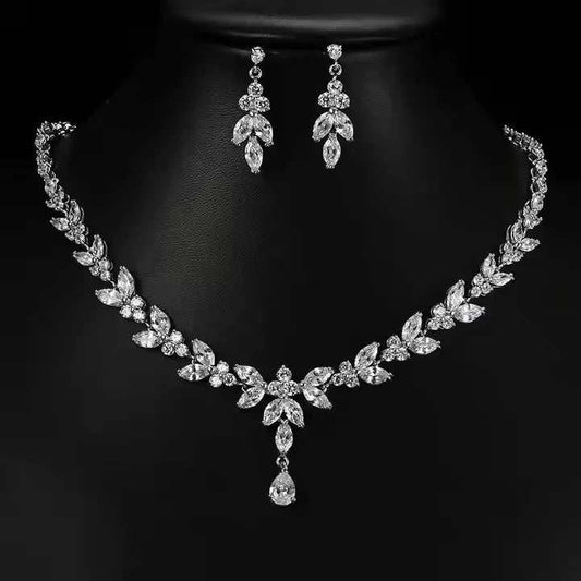 Luxury zirconia wedding jewelry set pendant necklace and earrings for brides