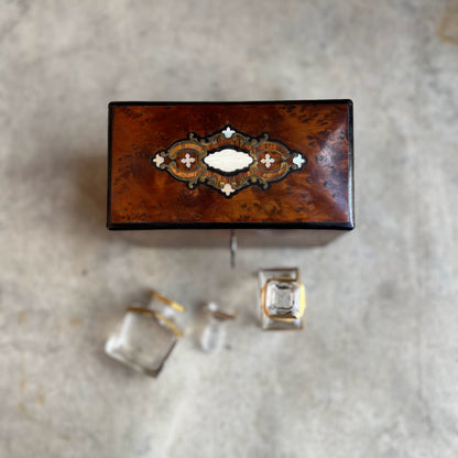 19th c. Walnut Burl Music Box + Perfume Case