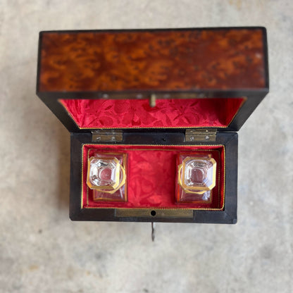 19th c. Walnut Burl Music Box + Perfume Case