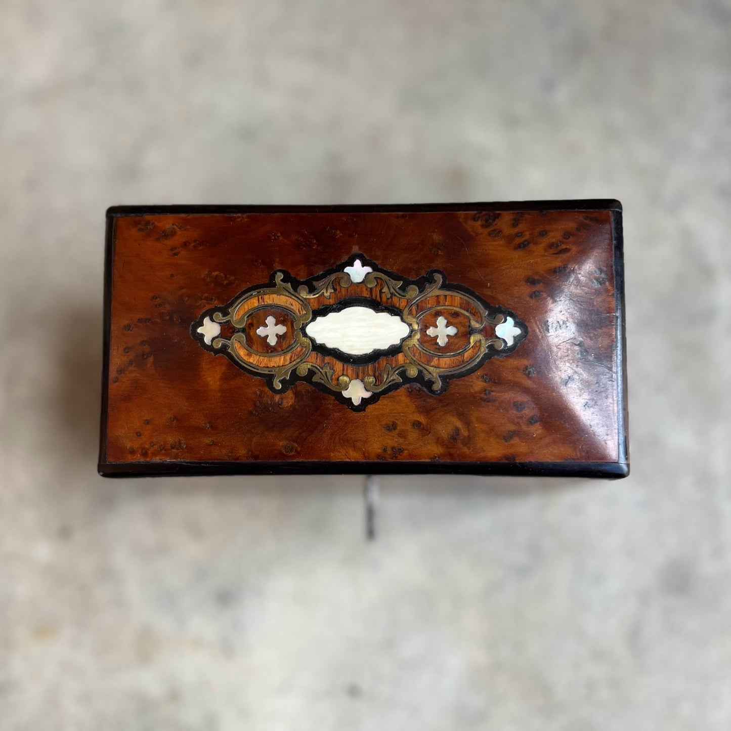 19th c. Walnut Burl Music Box + Perfume Case