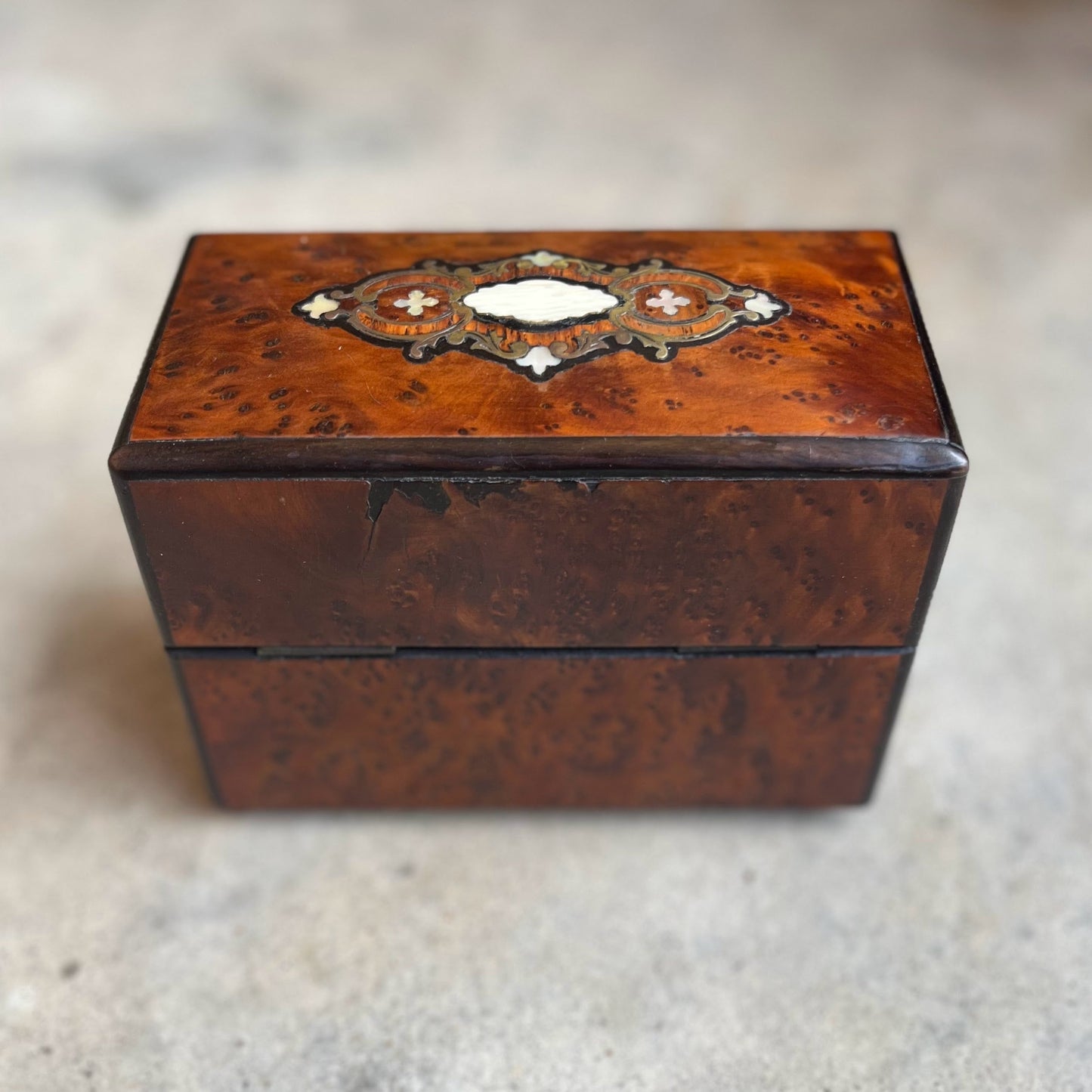 19th c. Walnut Burl Music Box + Perfume Case