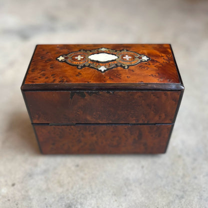 19th c. Walnut Burl Music Box + Perfume Case