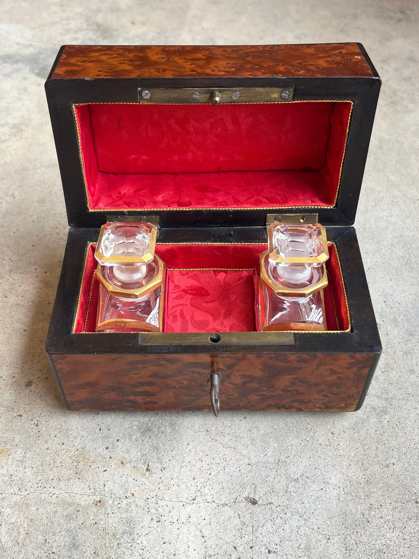 19th c. Walnut Burl Music Box + Perfume Case